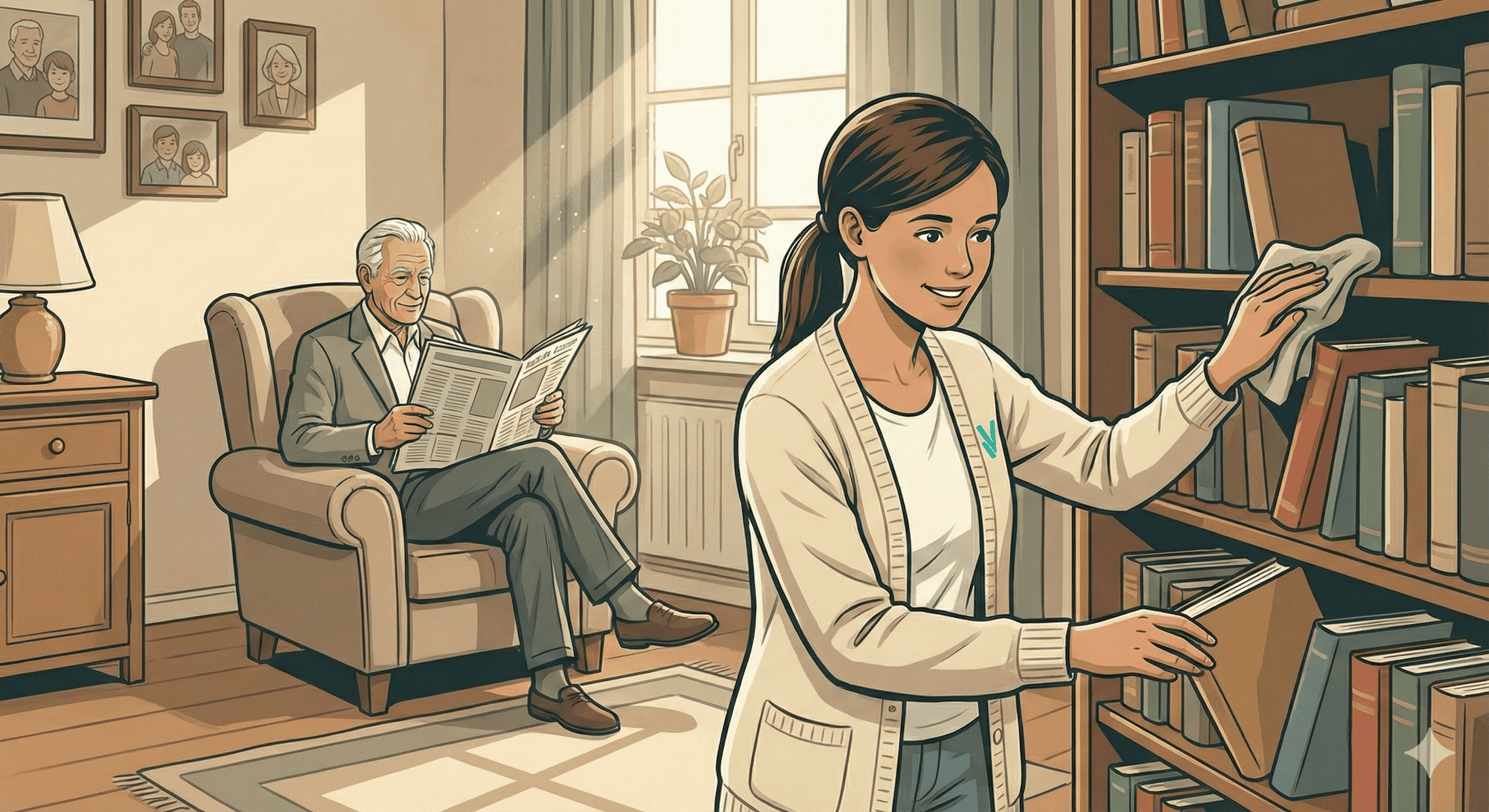 haushaltshilfe_fuer_senioren_oberhausen_muelheim Pflegekraft sortiert Bücher in der Bibliothek, ältere Person liest auf dem Sofa.