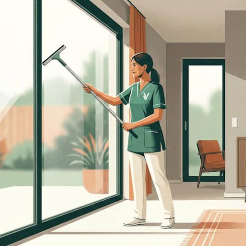 Haushaltshilfe Oberhausen Frau reinigt große Fenster mit Wischmopp in modernem Zuhause.