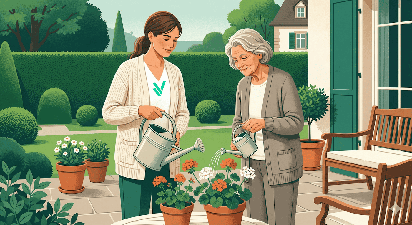 gemeinsame Zeit verbringen Seniorin und Betreuungskraft gießen gemeinsam Pflanzen im Garten