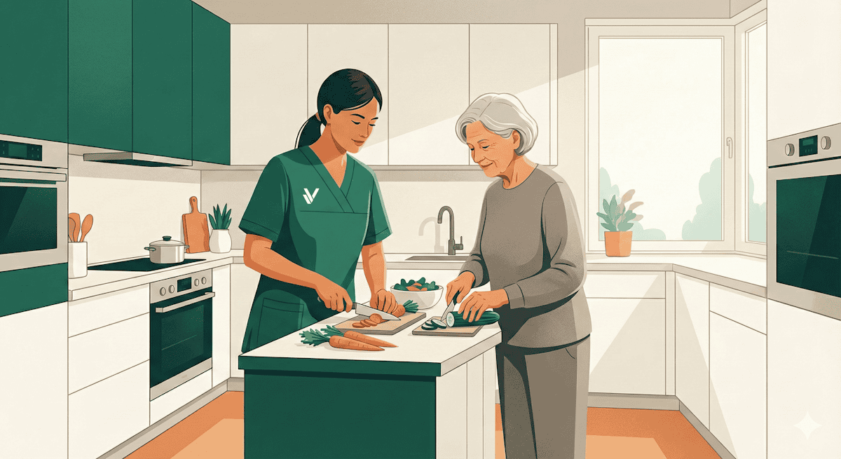 Vivares_kuechenhilfe_s Pflegekraft sortiert Bücher in der Bibliothek, ältere Person liest auf dem Sofa.