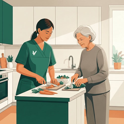 zusammen_kochen Pflegekraft unterstützt ältere Frau beim Kochen in der Küche.