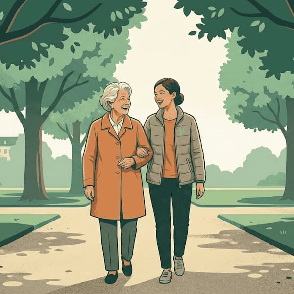 zusammen_spazieren Alte Dame und Betreuerin beim Spaziergang im Park, freundliche Begleitung für Senioren.